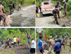 Babinsa Koramil 1312-02/Lirung Bersama Pemerintah Desa Balang Laksanakan Karya Bhakti Penimbunan Jalan Penurunan Saru Bengko