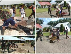 Babinsa Bersama Orang Tua Siswa laksanakan Kerja Bakti Pengecoran Lapangan Sekolah